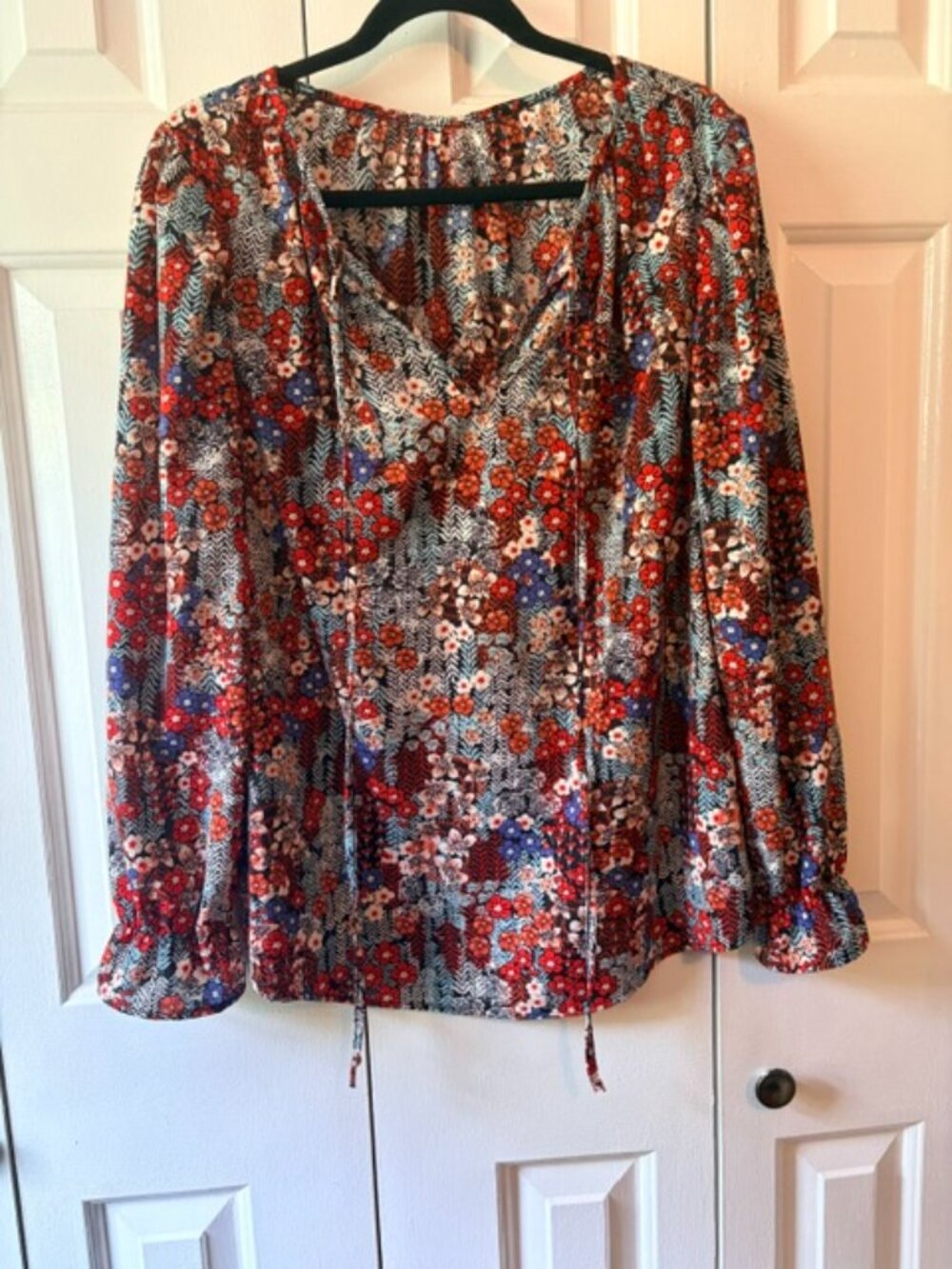 Floral Tie Neck Blouse Large Bell Sleeve Red Blue Black Boho Top